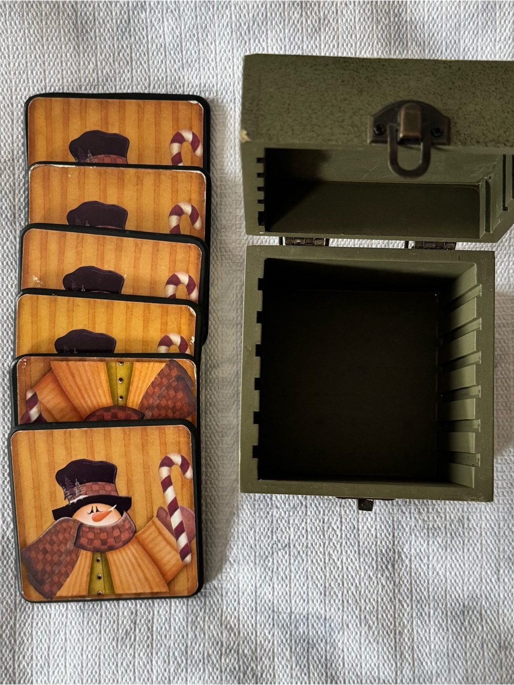 Festive Snowman Coaster Box in Green and Yellow